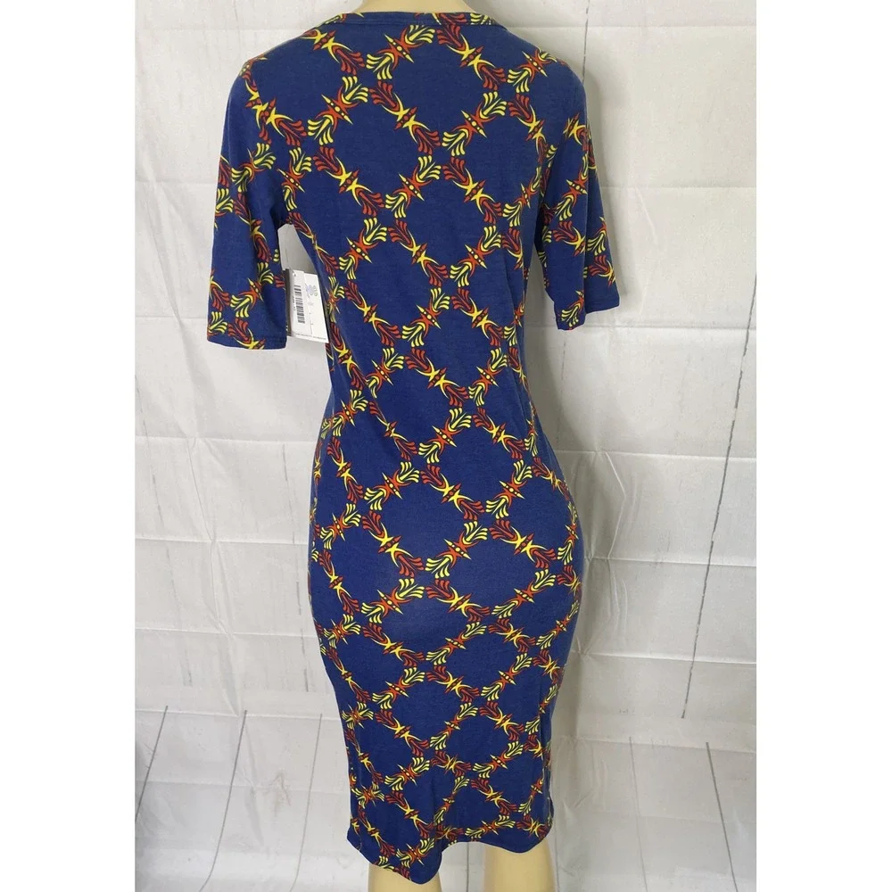Lularoe Julia‎ Dress Blue Color Print Short Sleeve Boat Neck Midi Women XS NWT